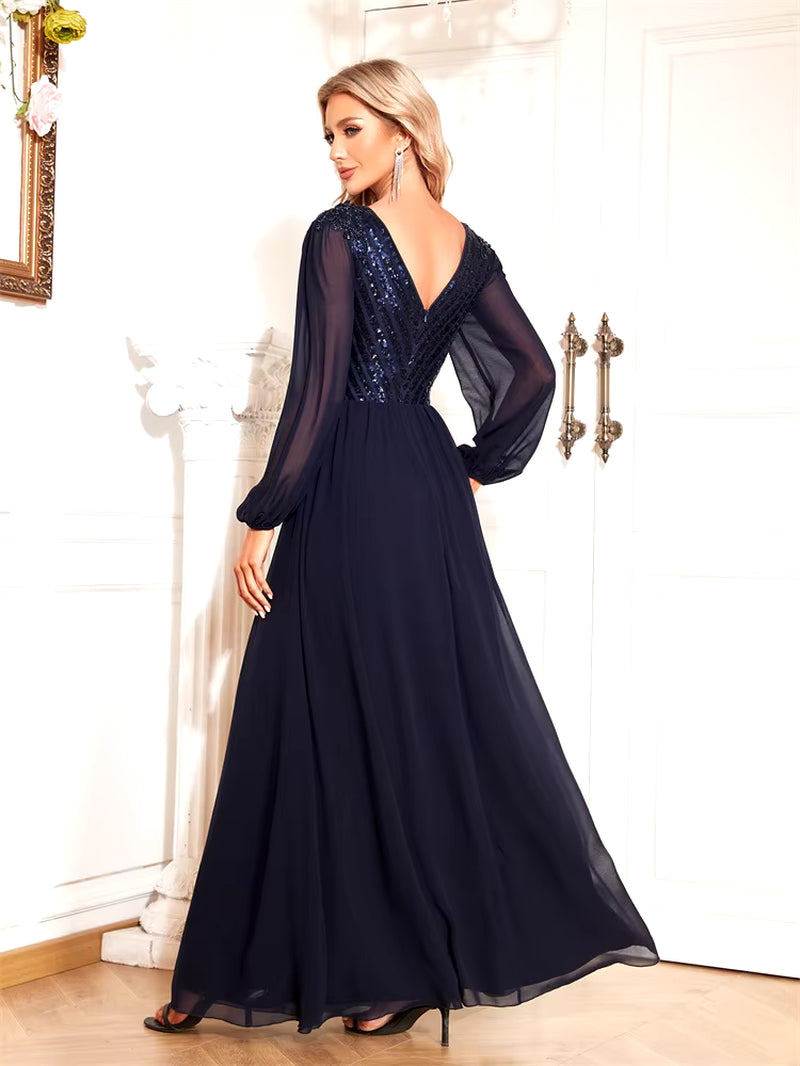  Elegant V-Back Sequin Formal Evening Dress Long Sleeve Floor-Length Luxury 2024 Chiffon Party  Dress