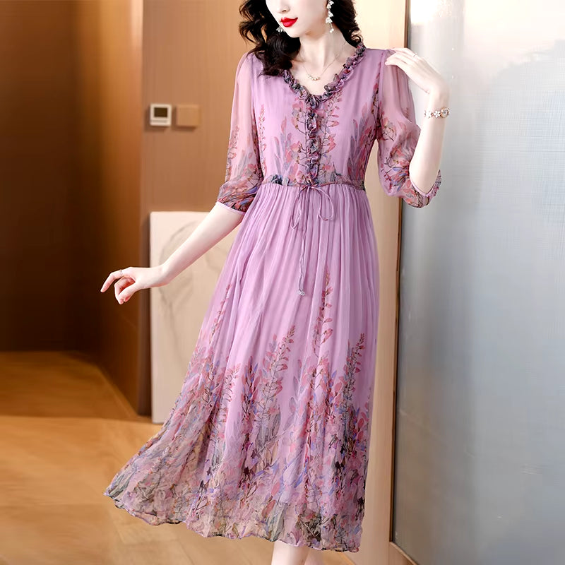  Floral Silk Casual Dress for Women Holiday Dress 2024 