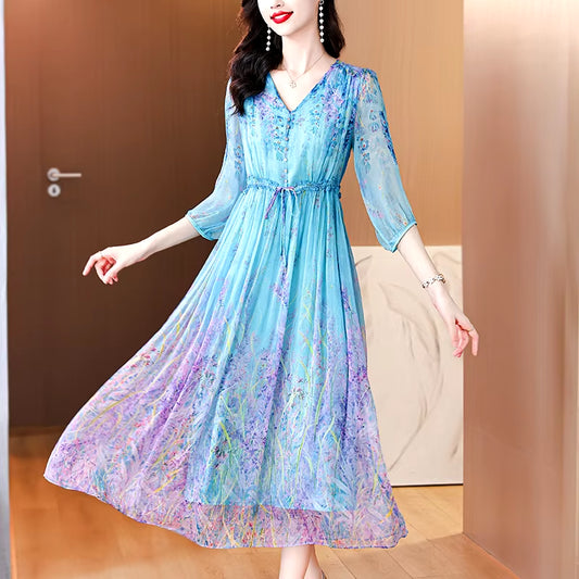 Spring Summer Floral Silk Shortsleeve Midi Dress Women Boho Fashion Light Casual Dress 2024 Korean Vintage Elegant Party Dresses