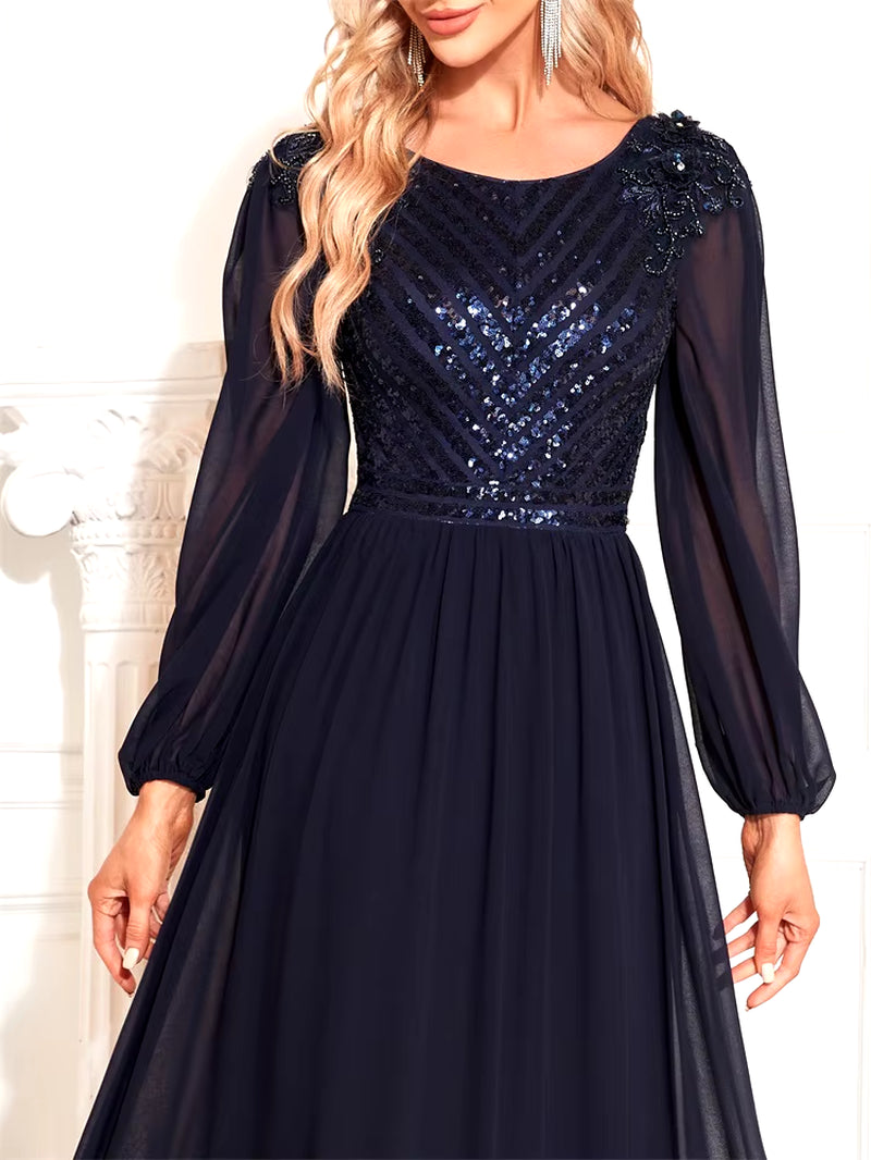  Elegant V-Back Sequin Formal Evening Dress Long Sleeve Floor-Length Luxury 2024 Chiffon Party  Dress