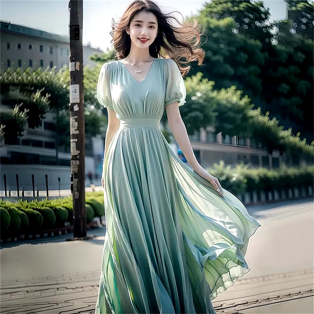 Slimming Long Dres Fashionable Super Fairy Light Green Chiffon Dress for Women