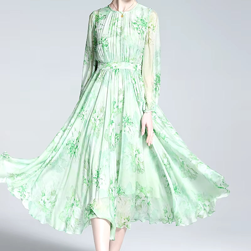 Women's Elegant Floral Printed Natural Silk Dress with Sleeves