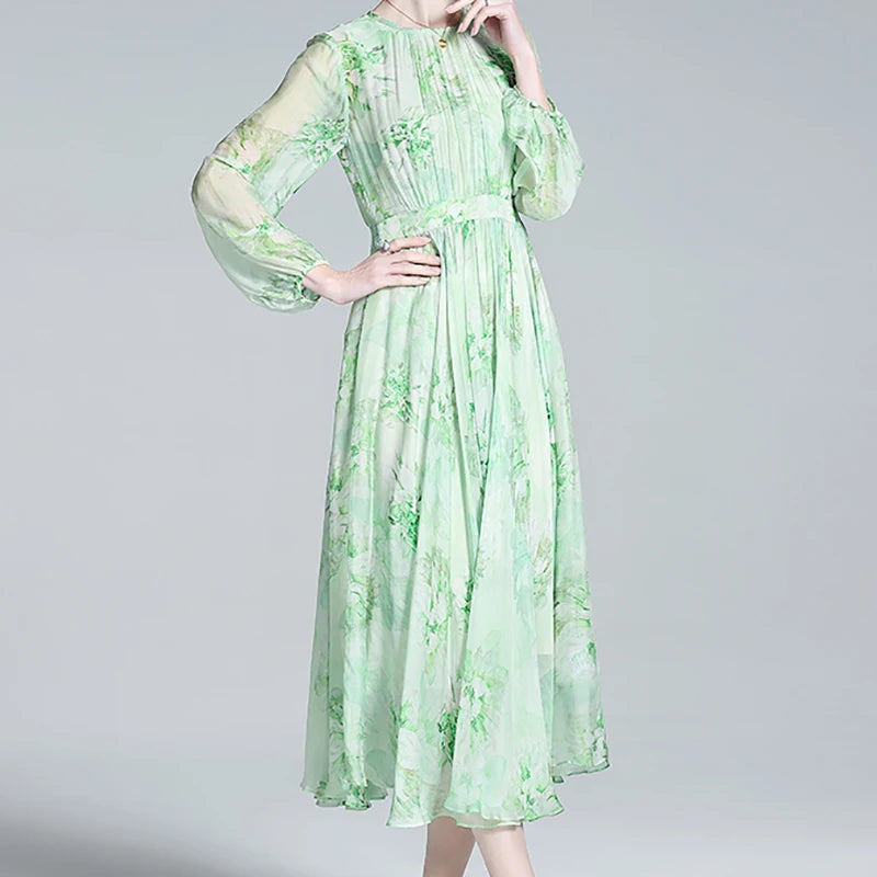 Women's Elegant Floral Printed Natural Silk Dress with Sleeves