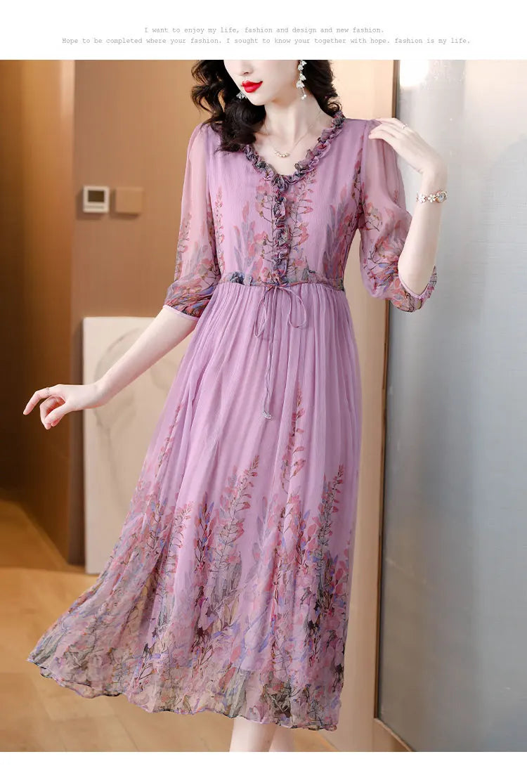  Floral Silk Casual Dress for Women Holiday Dress 2024 