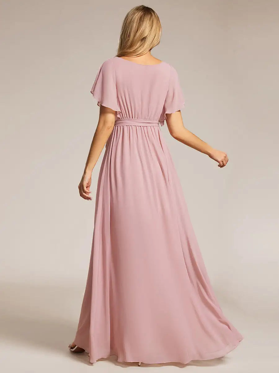 Elegant Dresse Deep V Neck Ruffles Sleeves Floor-Length Gown 2024 Ever Flowy Chiffon Women Dress