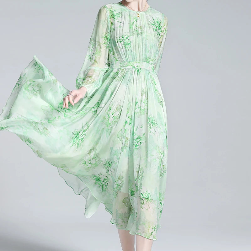 Women's Elegant Floral Printed Natural Silk Dress with Sleeves