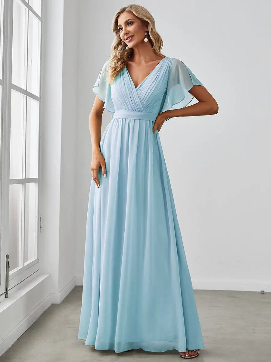 Elegant Dresse Deep V Neck Ruffles Sleeves Floor-Length Gown 2024 Ever Flowy Chiffon Women Dress