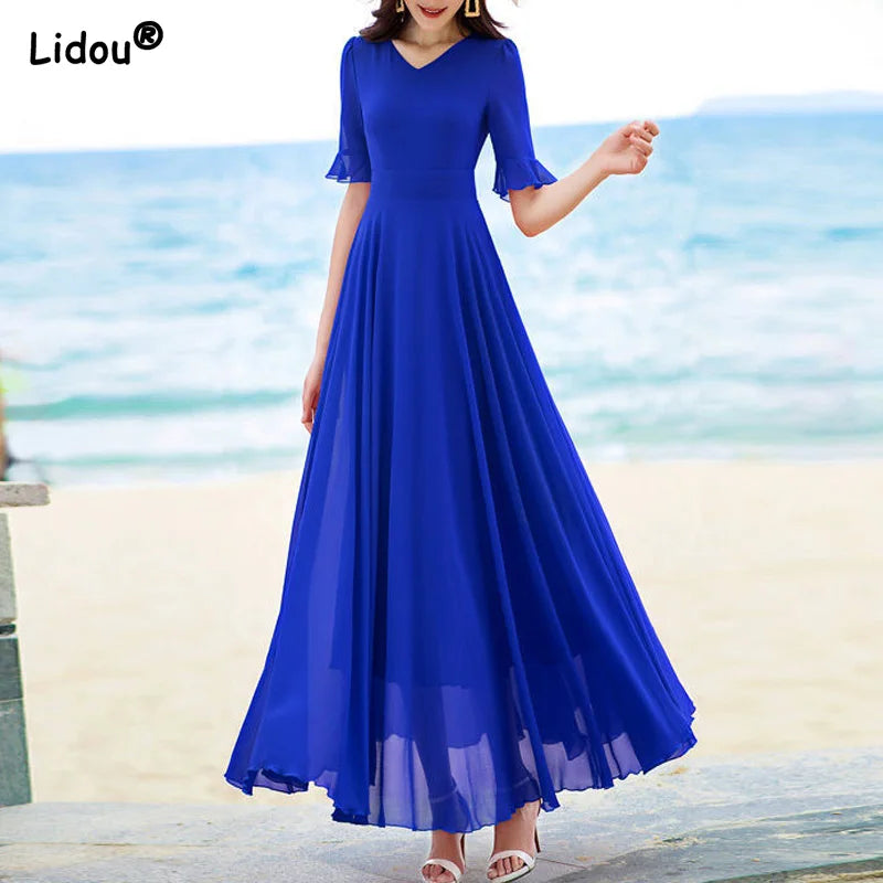 V-Neck Elegant Fashion Short Sleeve Solid Color Slender Knee-Length  Dresse Chiffon 