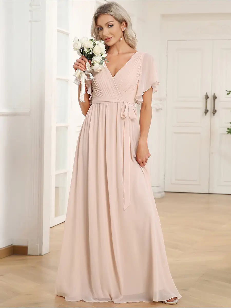 Elegant Dresse Deep V Neck Ruffles Sleeves Floor-Length Gown 2024 Ever Flowy Chiffon Women Dress