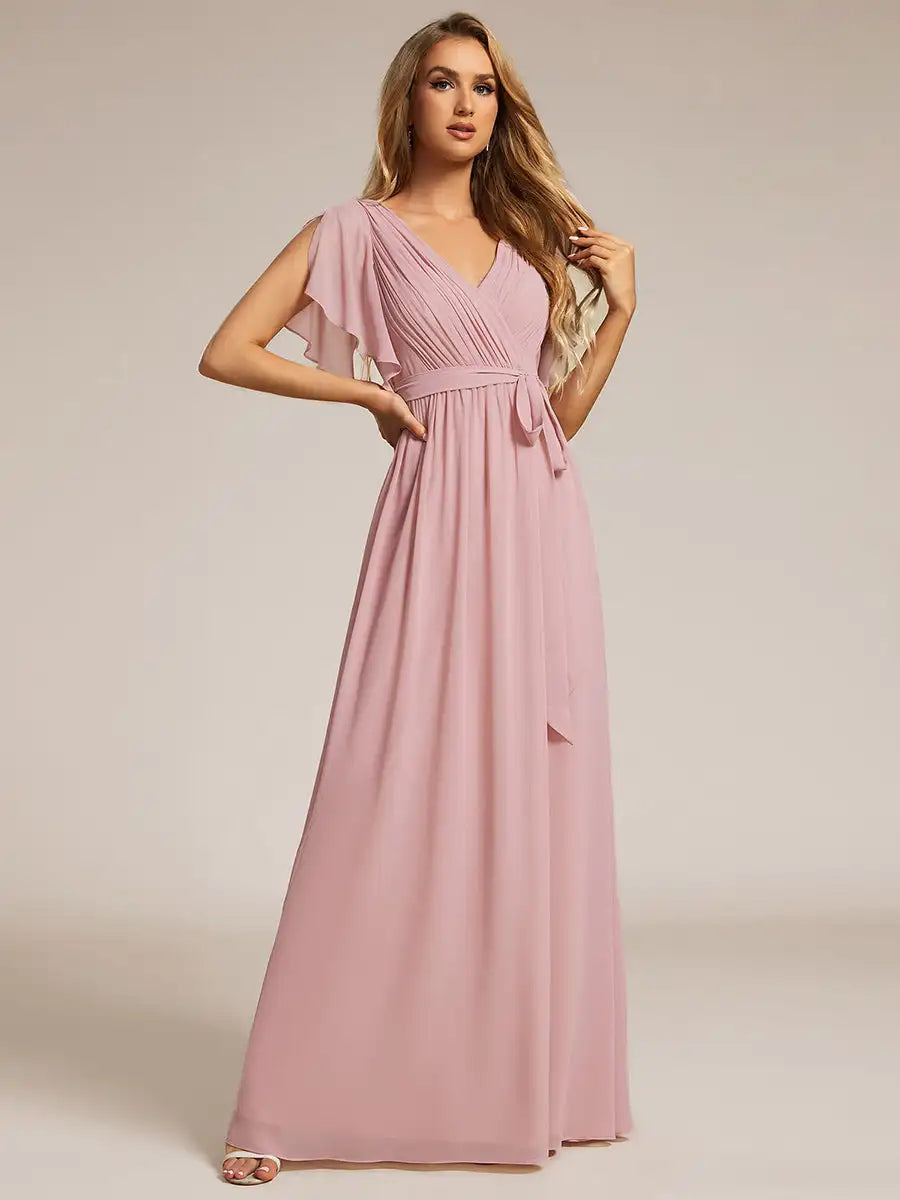 Elegant Dresse Deep V Neck Ruffles Sleeves Floor-Length Gown 2024 Ever Flowy Chiffon Women Dress