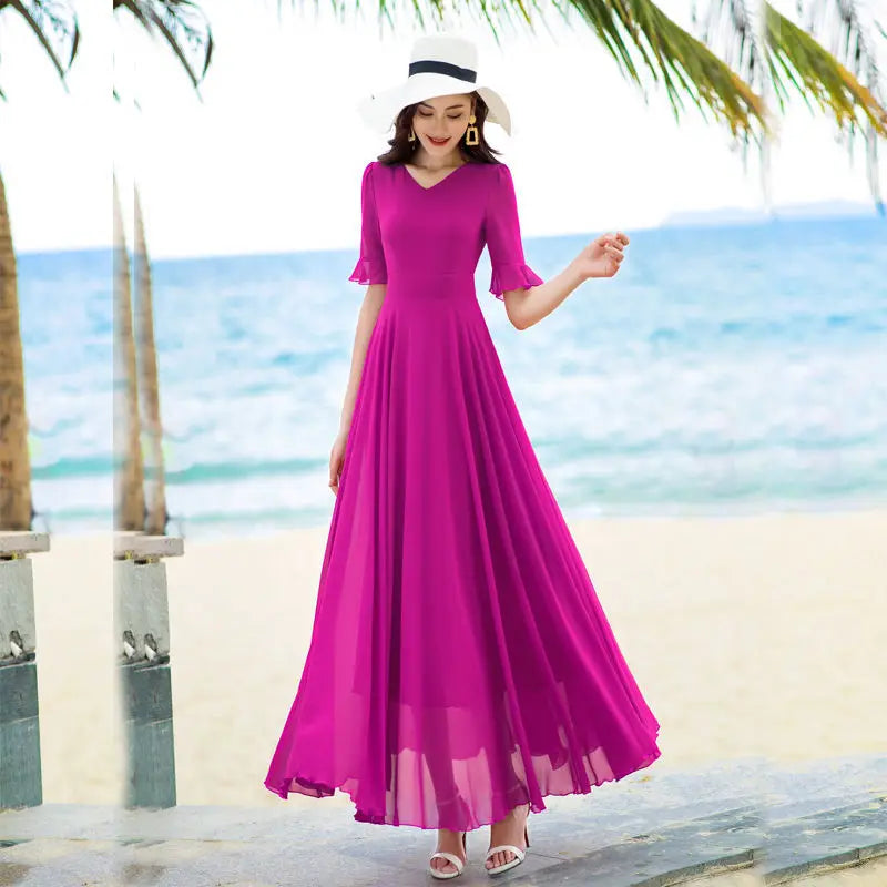 V-Neck Elegant Fashion Short Sleeve Solid Color Slender Knee-Length  Dresse Chiffon 