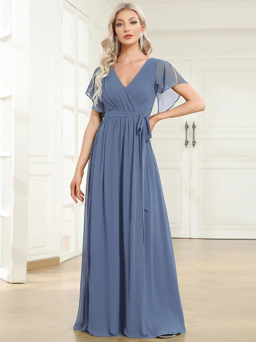 Elegant Dresse Deep V Neck Ruffles Sleeves Floor-Length Gown 2024 Ever Flowy Chiffon Women Dress