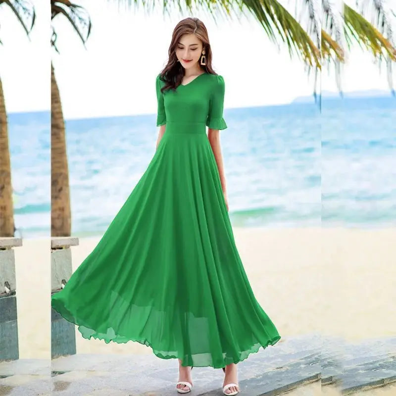 V-Neck Elegant Fashion Short Sleeve Solid Color Slender Knee-Length  Dresse Chiffon 