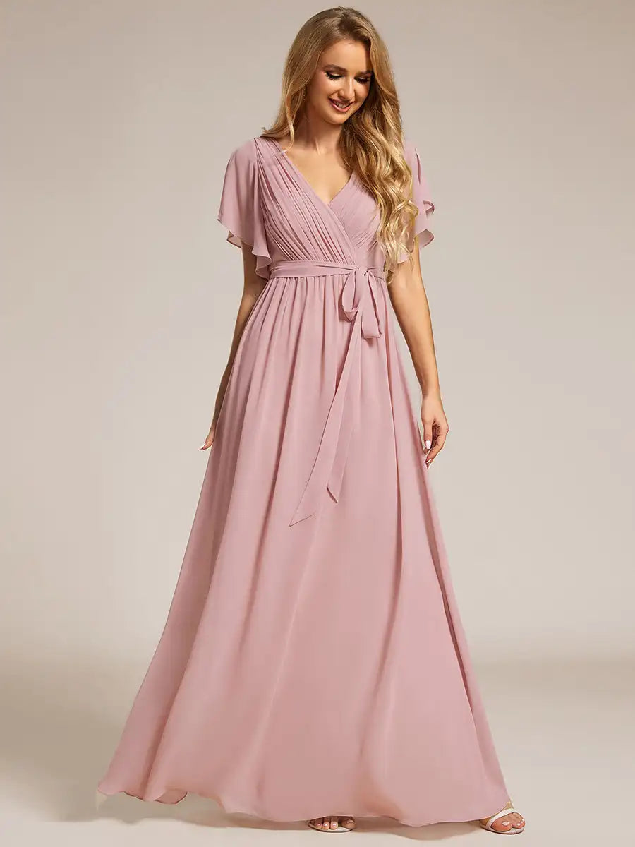 Elegant Dresse Deep V Neck Ruffles Sleeves Floor-Length Gown 2024 Ever Flowy Chiffon Women Dress