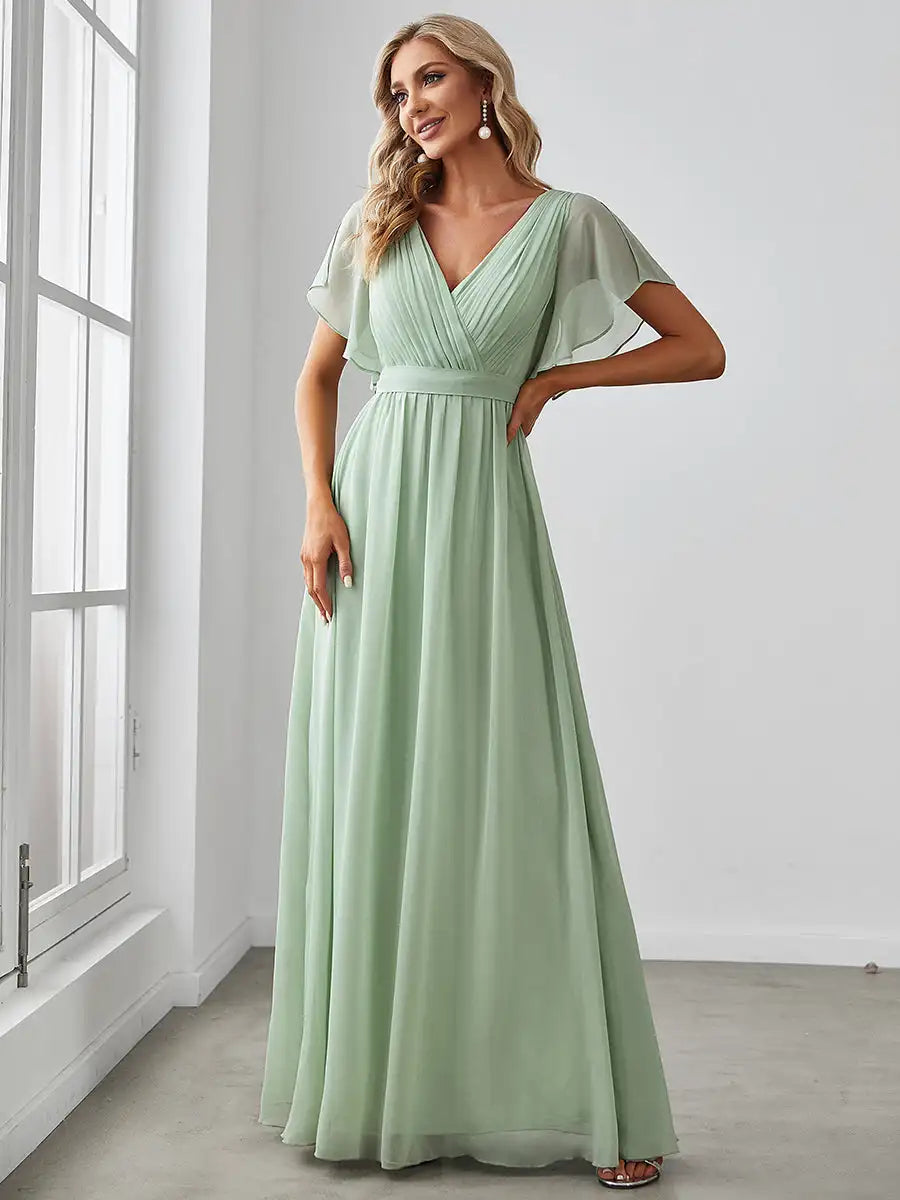 Elegant Dresse Deep V Neck Ruffles Sleeves Floor-Length Gown 2024 Ever Flowy Chiffon Women Dress