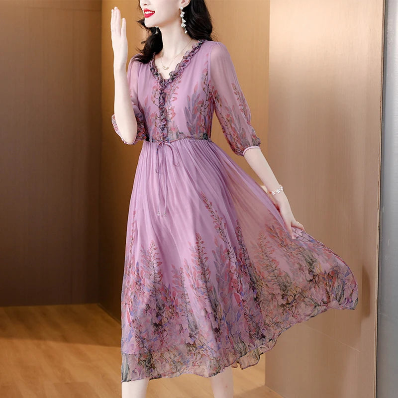  Floral Silk Casual Dress for Women Holiday Dress 2024 