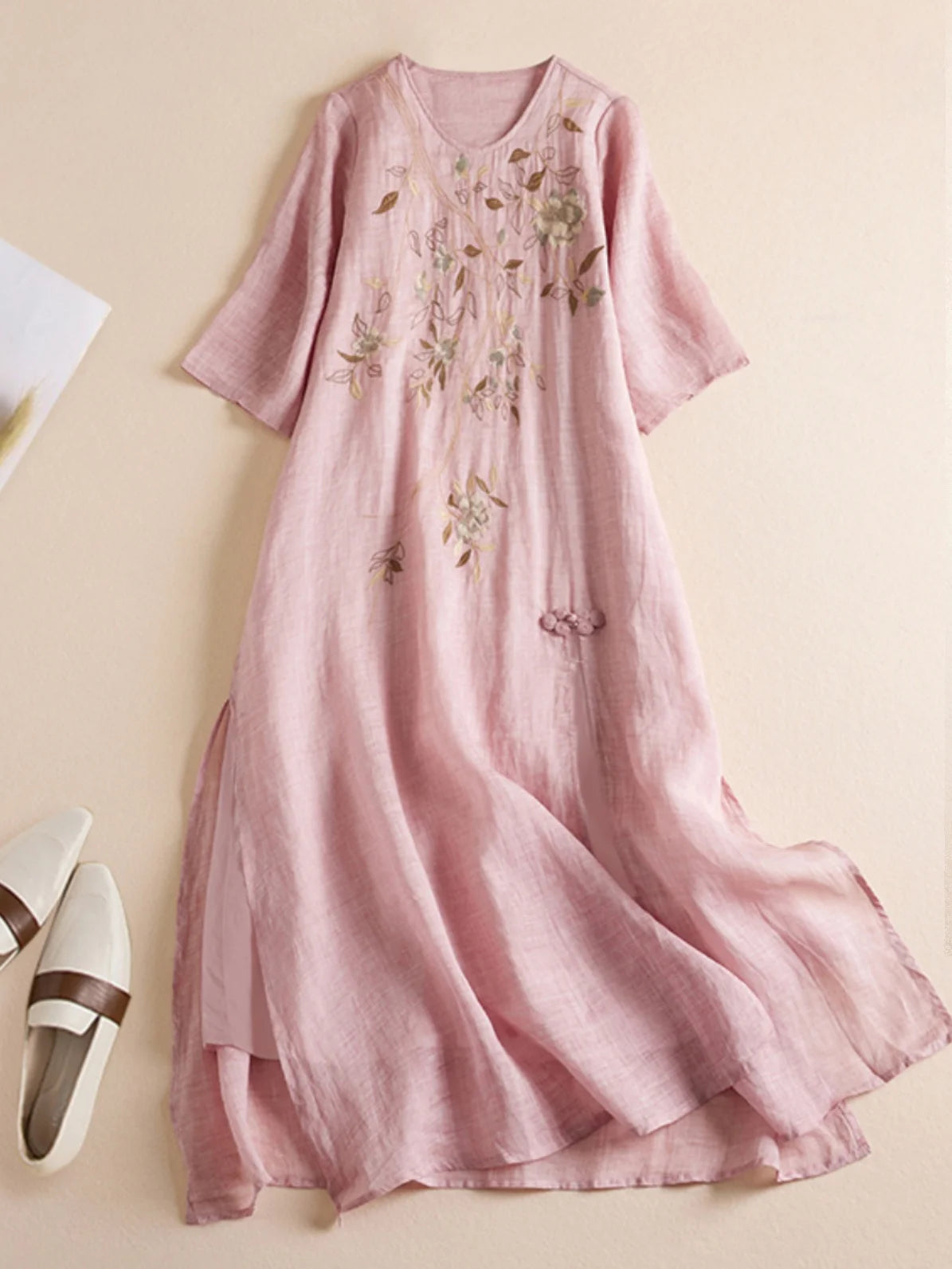 Traditional Chinese Floral Embroidered Women's Ramie Summer Robe - Lightweight and Breathable Two-Layer Dress