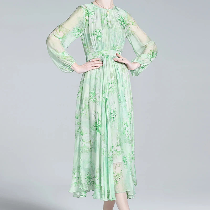 Women's Elegant Floral Printed Natural Silk Dress with Sleeves