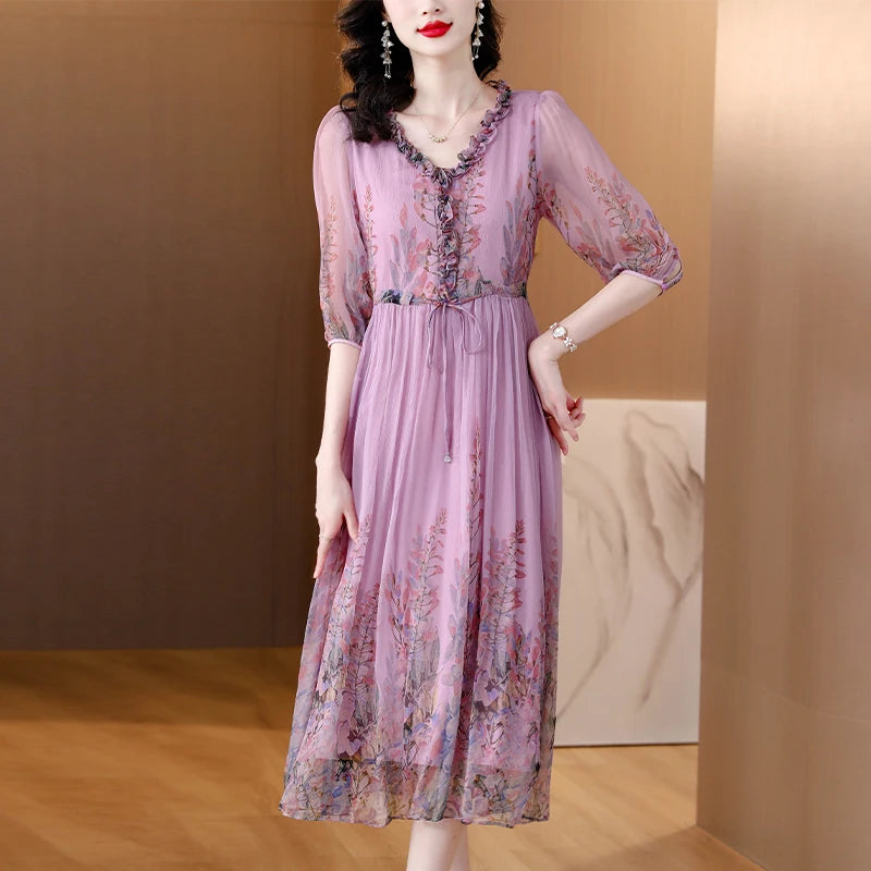  Floral Silk Casual Dress for Women Holiday Dress 2024 