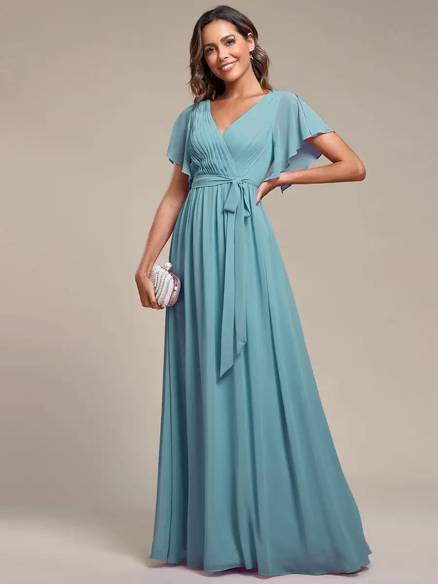 Elegant Dresse Deep V Neck Ruffles Sleeves Floor-Length Gown 2024 Ever Flowy Chiffon Women Dress