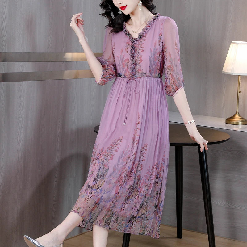  Floral Silk Casual Dress for Women Holiday Dress 2024 