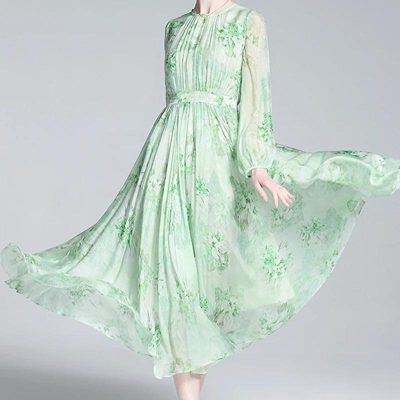 Women's Elegant Floral Printed Natural Silk Dress with Sleeves