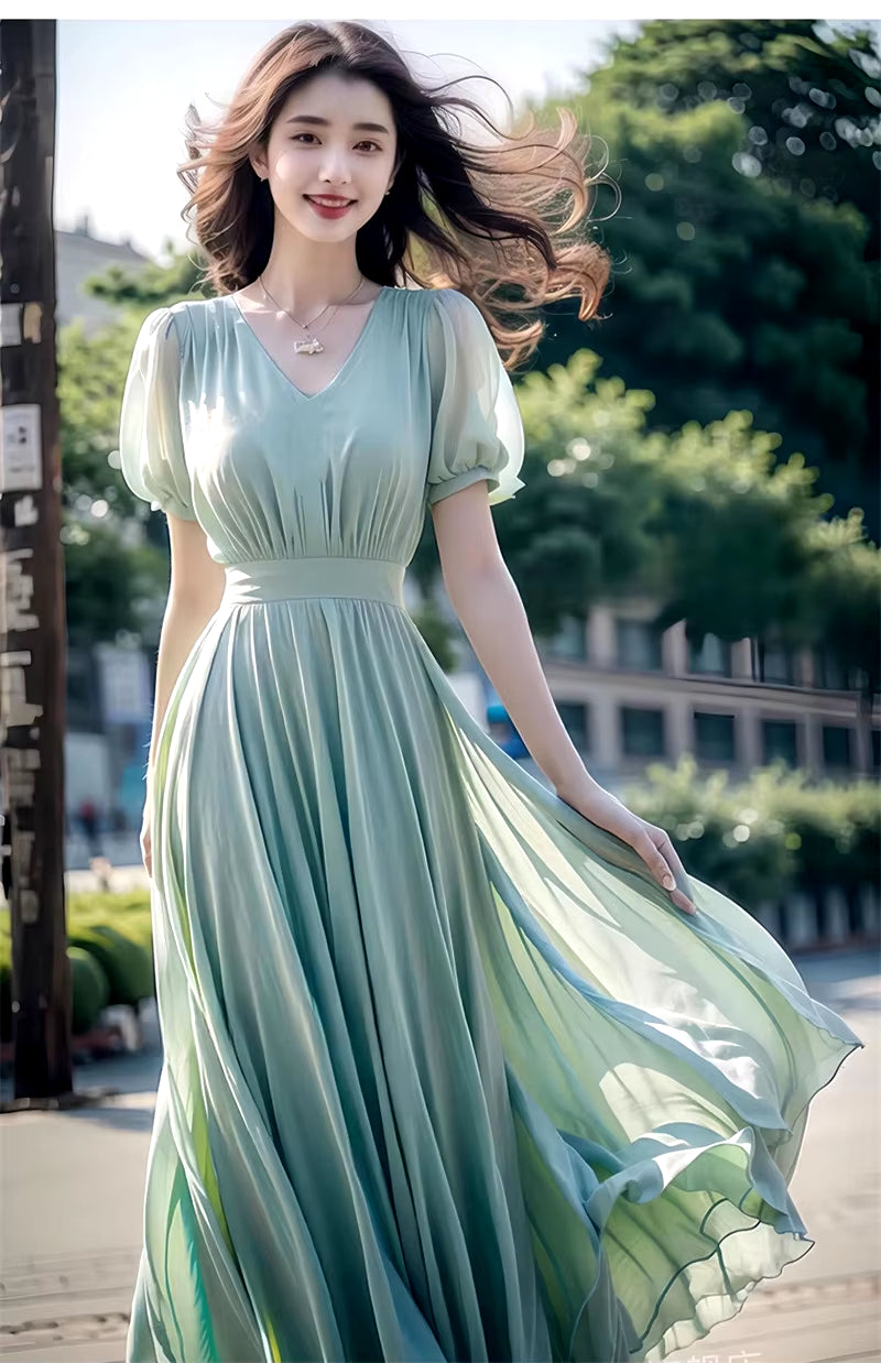 Slimming Long Dres Fashionable Super Fairy Light Green Chiffon Dress for Women