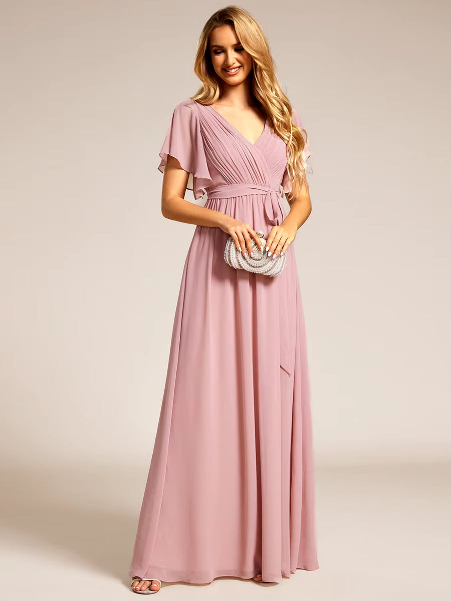 Elegant Dresse Deep V Neck Ruffles Sleeves Floor-Length Gown 2024 Ever Flowy Chiffon Women Dress