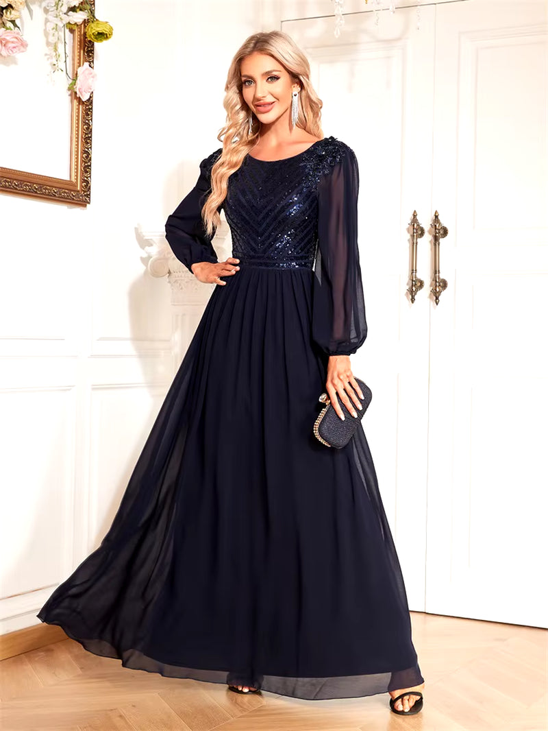  Elegant V-Back Sequin Formal Evening Dress Long Sleeve Floor-Length Luxury 2024 Chiffon Party  Dress