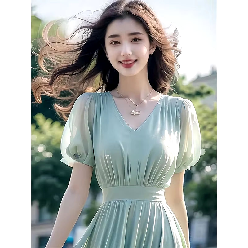 Slimming Long Dres Fashionable Super Fairy Light Green Chiffon Dress for Women