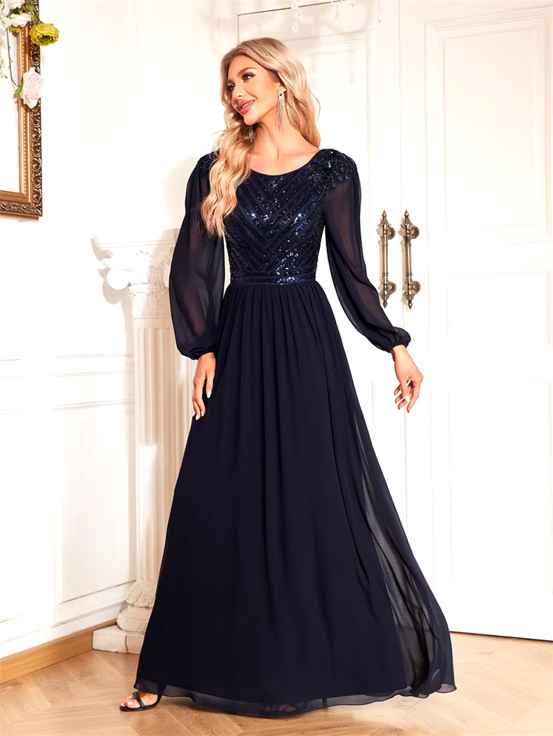  Elegant V-Back Sequin Formal Evening Dress Long Sleeve Floor-Length Luxury 2024 Chiffon Party  Dress